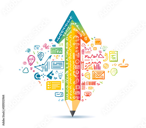 A colorful pencil with arrows pointing up and down design symbolizes the growth of ideas in business or education. The arrows are made from different color designs, such as red for energy design,