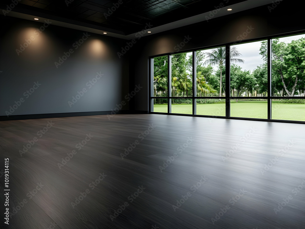 Modern interior space with large windows showcasing greenery outside, featuring dark flooring and dim lighting. Modern interior space with large windows showcasing greenery outside, featuring dark flooring and dim lighting.