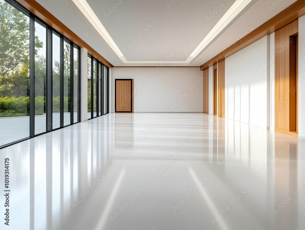 Modern interior with an open layout, large windows, and polished floors, showcasing natural light and a serene atmosphere. Modern interior with an open layout, large windows, and polished floors, showcasing natural light and a serene atmosphere.