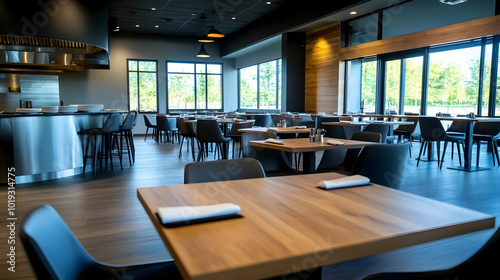 Modern restaurant interior with wooden tables, stylish chairs, and large windows offering natural light.