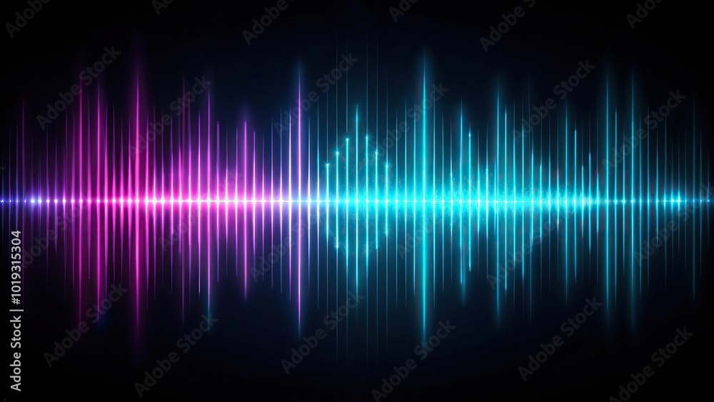 Aerial view of dark background with neon sound waves Aerial view of dark background with neon sound waves