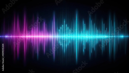 Aerial view of dark background with neon sound waves