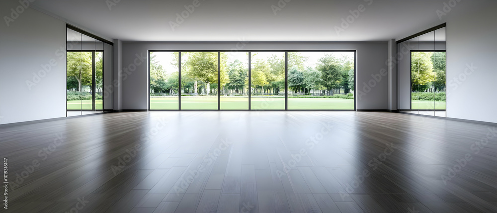 Fototapeta premium Spacious modern interior with large windows overlooking greenery, bright and minimalistic design.