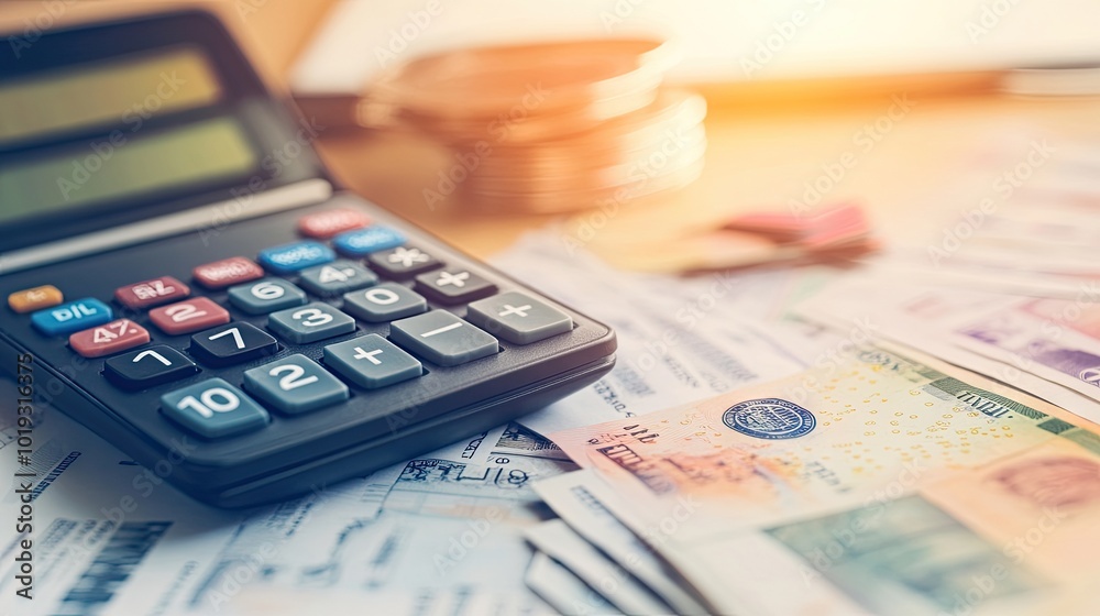 Calculator and Currency on a Financial Workspace Calculator and Currency on a Financial Workspace