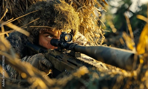 Soldier camouflaged in foliage, aiming a sniper rifle. photo