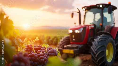 Tractor in vineyard during sunset, highlighting grape harvest and agricultural landscape. photo