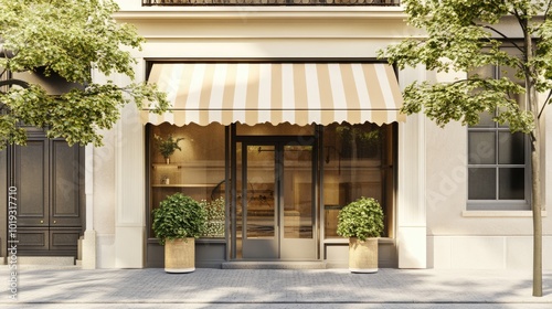 Charming Boutique with Striped Awning and Potted Plants