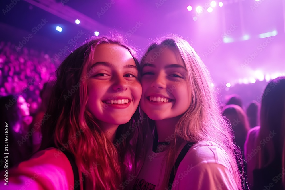 Two smiling friends taking a selfie at a vibrant concert with a cheering crowd in the background. Two smiling friends taking a selfie at a vibrant concert with a cheering crowd in the background.