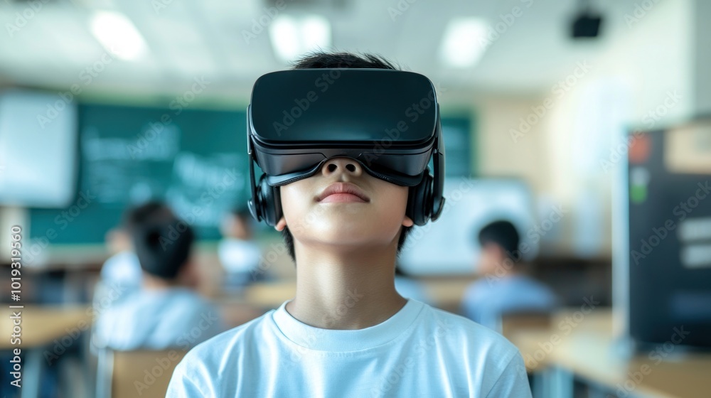 Young Student Exploring Virtual Reality In Classroom Young Student Exploring Virtual Reality In Classroom