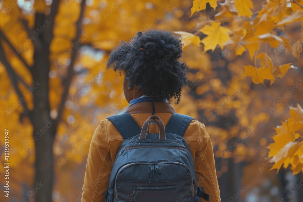 Back view of a black female student with backpack standing on college campus at fall Back view of a black female student with backpack standing on college campus at fall