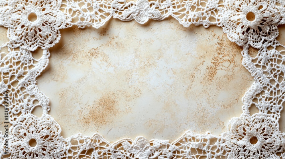 White Crochet Lace Border on a Beige Background White Crochet Lace Border on a Beige Background