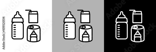 哺乳瓶と液体タイプのミルクのイラスト。シンプルな線画のベクターアイコン。