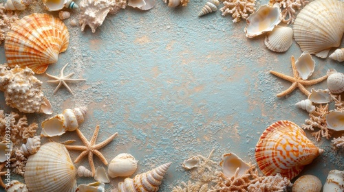 Seashells and Starfish on a Blue and Beige Textured Background