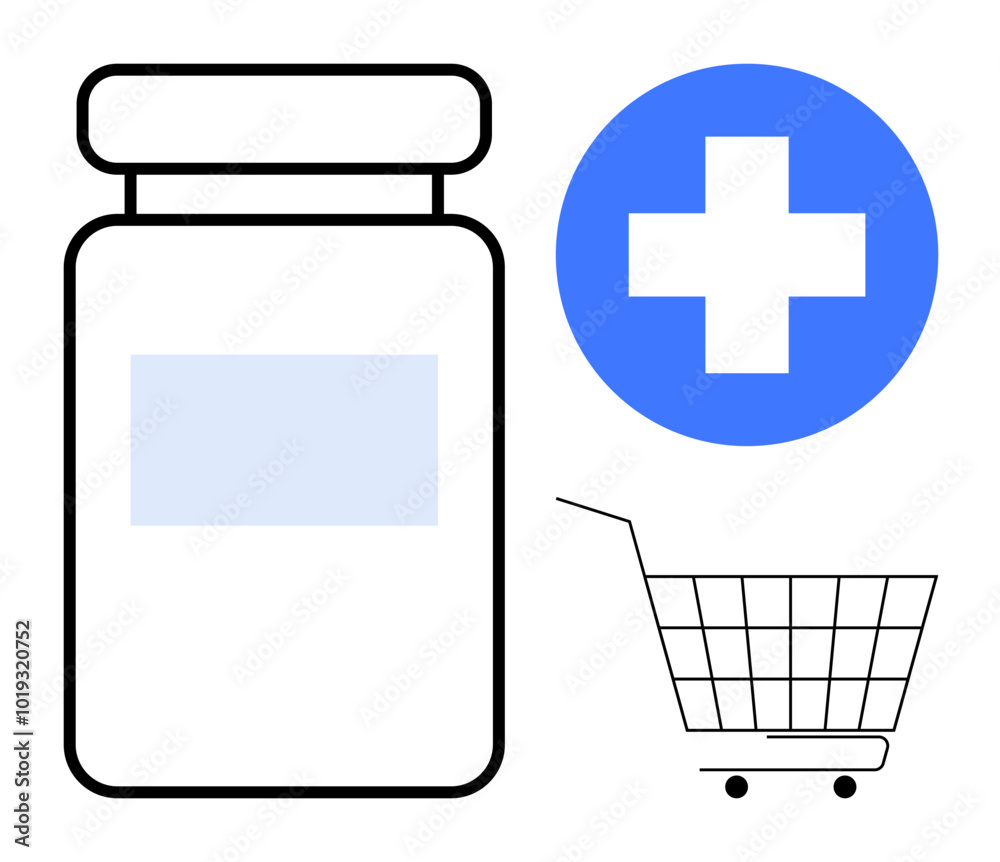 A medicine bottle, a shopping cart icon, and a medical cross symbol are visible in this clean, minimalist design. Ideal for healthcare, pharmacy, online shopping, e-commerce, and medical services A medicine bottle, a shopping cart icon, and a medical cross symbol are visible in this clean, minimalist design. Ideal for healthcare, pharmacy, online shopping, e-commerce, and medical services