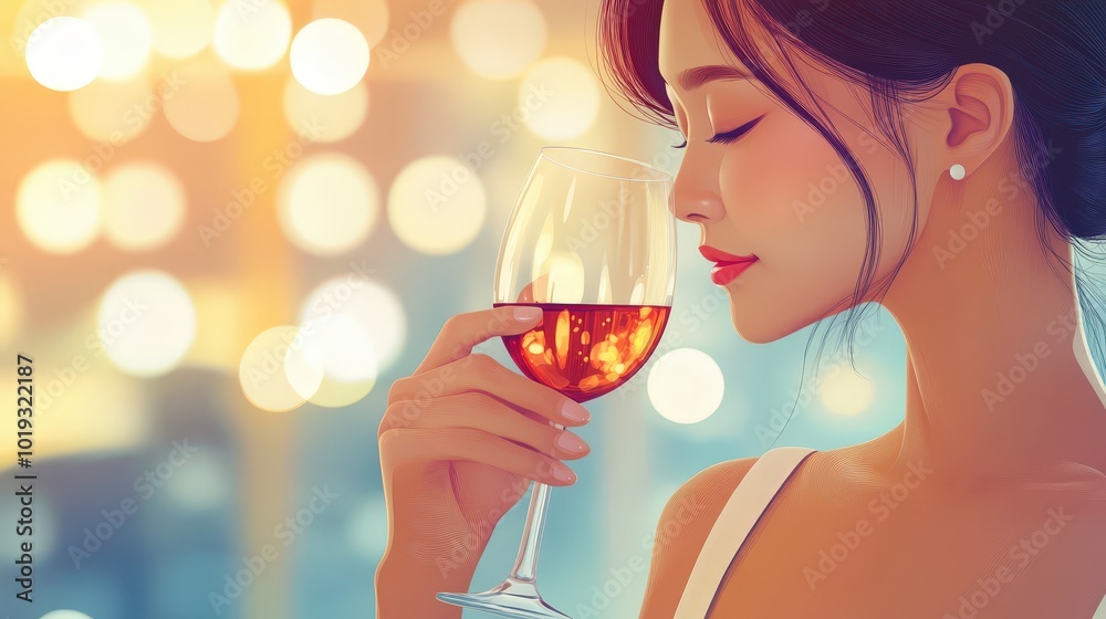 Elegant Asian Woman Enjoying Red Wine in Modern City Restaurant - Minimalist Anime Vector Illustration Elegant Asian Woman Enjoying Red Wine in Modern City Restaurant - Minimalist Anime Vector Illustration