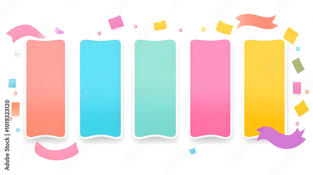 Blank banners in different colors design, each with rounded corners and a white background design. The banners should have thin borders at the top to make them look like tags or label design