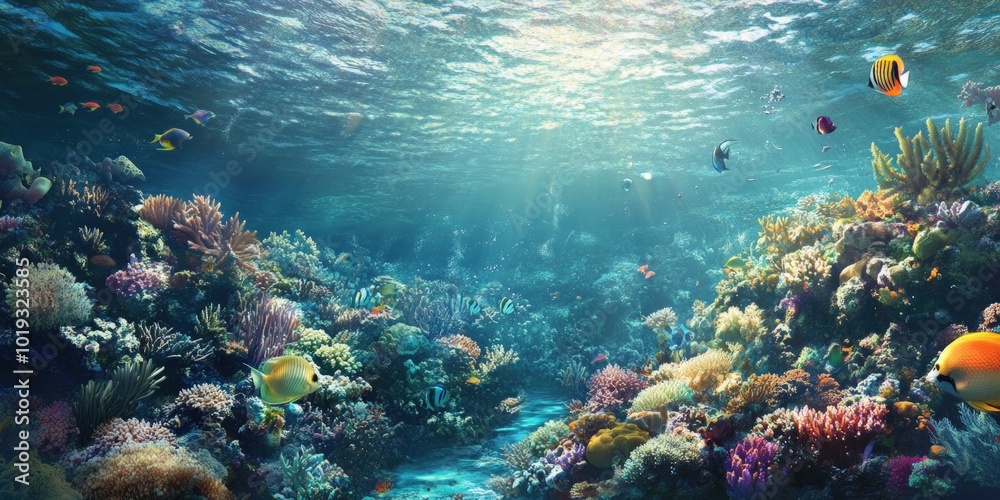 Fototapeta premium Vibrant coral reef teeming with colorful fish and marine life.