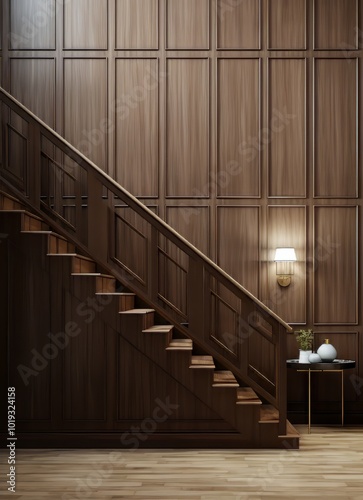 Elegant wooden staircase in a modern interior with warm lighting and decor
