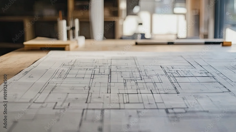Architectural Blueprint on Wooden Table Surface Architectural Blueprint on Wooden Table Surface