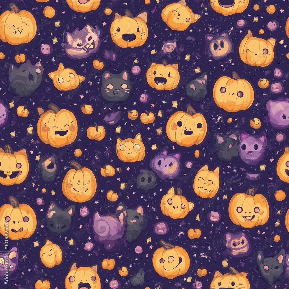 Halloween seamless pattern with many pumpkins on purple background. Suitable for printing wallpaper or backdrop for Halloween party. Halloween seamless pattern with many pumpkins on purple background. Suitable for printing wallpaper or backdrop for Halloween party.