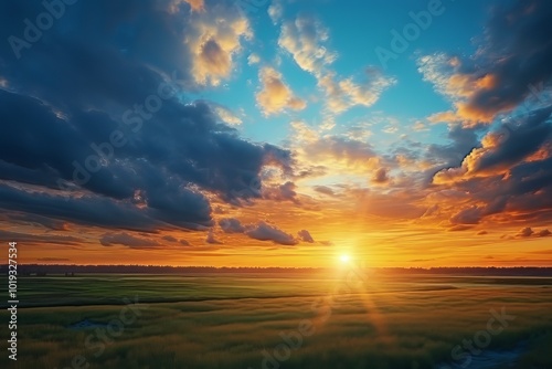 Beautiful sunset over fields with vibrant clouds in the evening sky