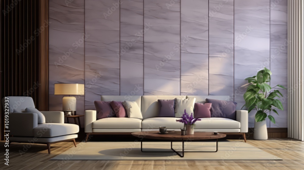 Modern living room featuring a cozy sofa and stylish decor in soft purple tones Modern living room featuring a cozy sofa and stylish decor in soft purple tones
