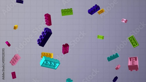 Friends theme girls colourful toy construction bricks, vivid 3d animation, tumbling and scattering blocks in midair, creating a cascade of motion. Seamless loop with luma matte