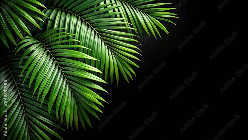Aerial view of Fishtail Palm leaves on black background