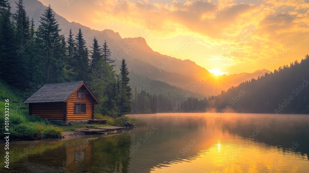 Cabin by a Mountain Lake at Sunrise Cabin by a Mountain Lake at Sunrise