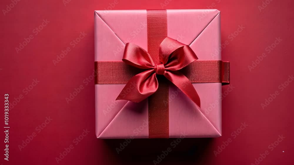 A pink gift box with a red bow sits on a red background A pink gift box with a red bow sits on a red background