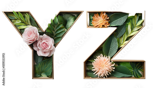 D Letters Y Z Floral and Leaves Alphabet Isolated on White   