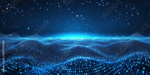 Abstract digital landscape with glowing blue particles and a starry sky.