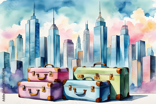 Watercolour Illustration colorful suitcase on a Urban cityscape with tall buildings. Travel Scene with Suitcase.Craft a watercolor Travel Bags a vacation holiday climate theme
