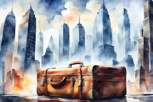 Watercolour Illustration colorful suitcase on a Urban cityscape with tall buildings. Travel Scene with Suitcase.Craft a watercolor Travel Bags a vacation holiday climate theme