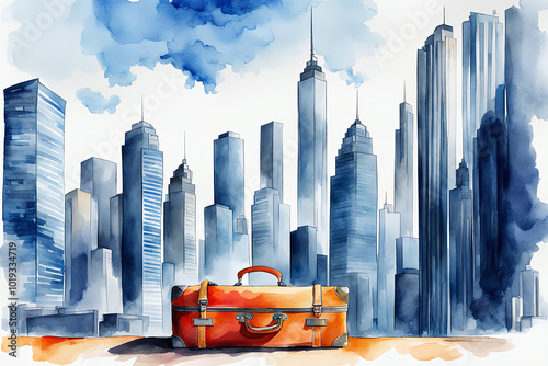 Watercolour Illustration colorful suitcase on a Urban cityscape with tall buildings. Travel Scene with Suitcase.Craft a watercolor Travel Bags a vacation holiday climate theme