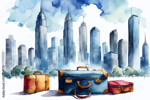 Watercolour Illustration colorful suitcase on a Urban cityscape with tall buildings. Travel Scene with Suitcase.Craft a watercolor Travel Bags a vacation holiday climate theme