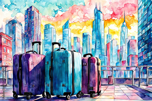 Watercolour Illustration colorful suitcase on a Urban cityscape with tall buildings. Travel Scene with Suitcase.Craft a watercolor Travel Bags a vacation holiday climate theme