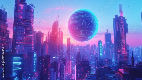 Wallpaper Mural Futuristic Cityscape with a Holographic Globe in the Sky Torontodigital.ca