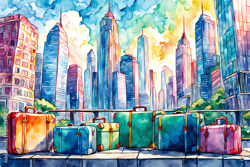 Watercolour Illustration colorful suitcase on a Urban cityscape with tall buildings. Travel Scene with Suitcase.Craft a watercolor Travel Bags a vacation holiday climate theme