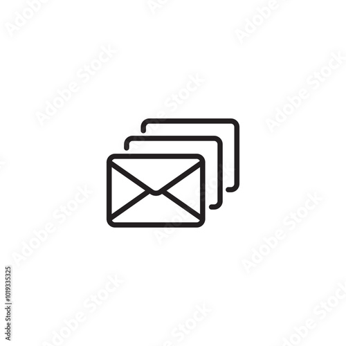 Multiple emails on icon. Several messages received on icon. A line drawing of three stacked envelopes, representing multiple emails. Editable icon.