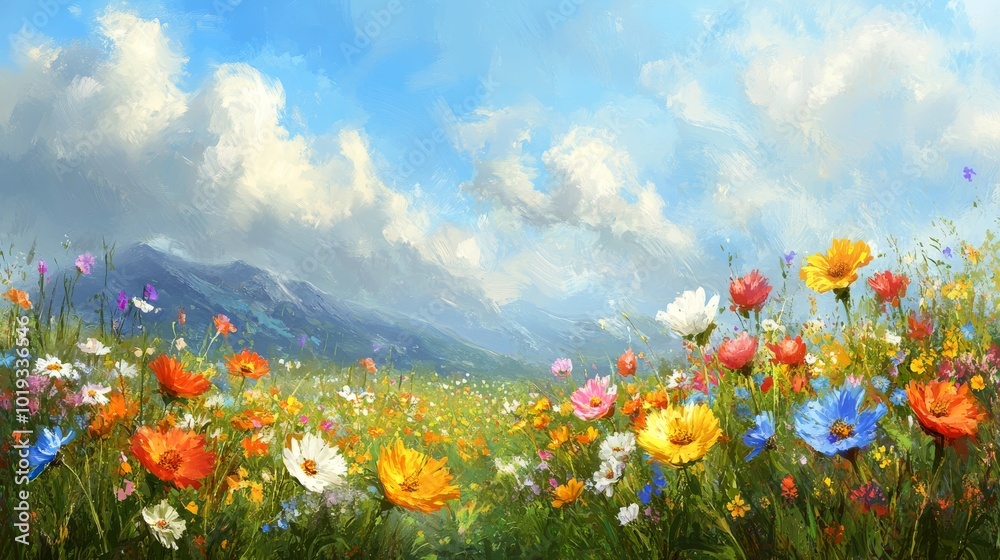 Obraz premium A Colorful Wildflower Field Against a Mountain and Blue Sky