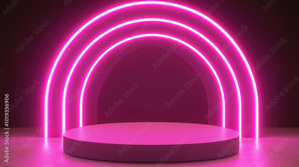 Pink Neon Lights Forming Arcs Above a Round Platform Pink Neon Lights Forming Arcs Above a Round Platform