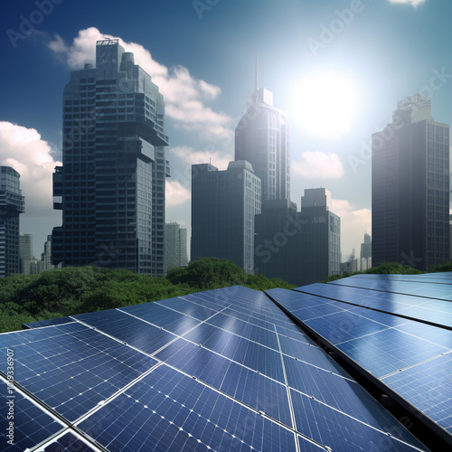 Generative Ai illustration. Solar Panels Against The Deep Blue Sky.