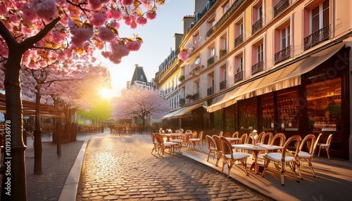 Charmante rue pavée de Paris, avec des fleurs et des boutiques.