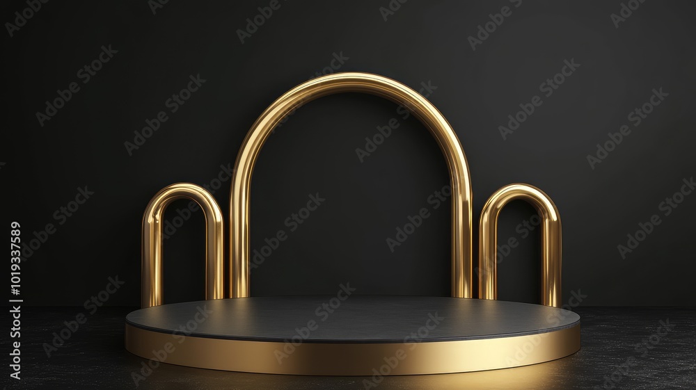 Black Platform with Golden Arches on a Black Background Black Platform with Golden Arches on a Black Background