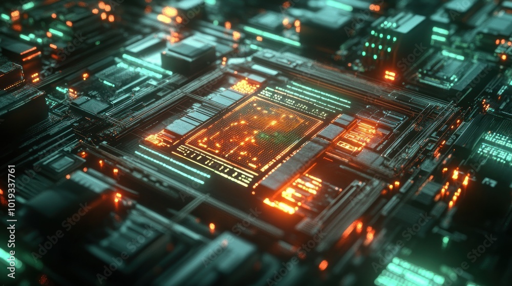 Circuit Board with Glowing Orange and Green Lights Circuit Board with Glowing Orange and Green Lights