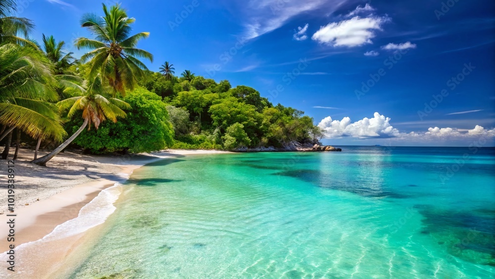 Fototapeta premium Serene Caribbean Beach in Haiti with Crystal Clear Waters and Soft Sandy Shoreline Under Blue Sky