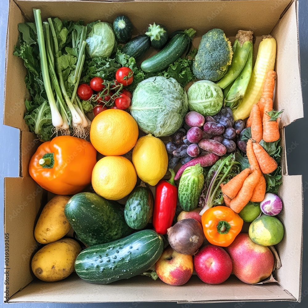 Fresh Vegetables and Fruits in a Cardboard Box Fresh Vegetables and Fruits in a Cardboard Box
