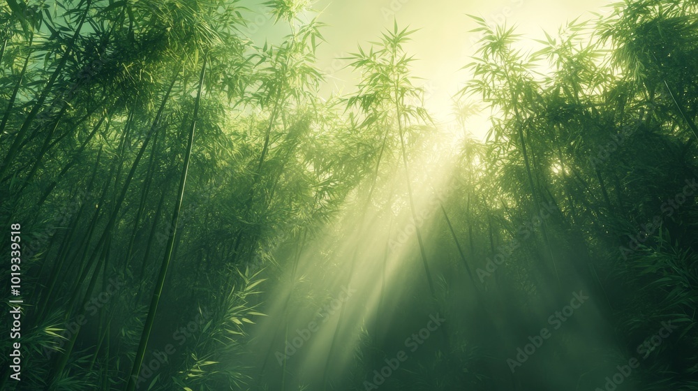 Obraz premium Sunlight Filtering Through a Dense Bamboo Forest