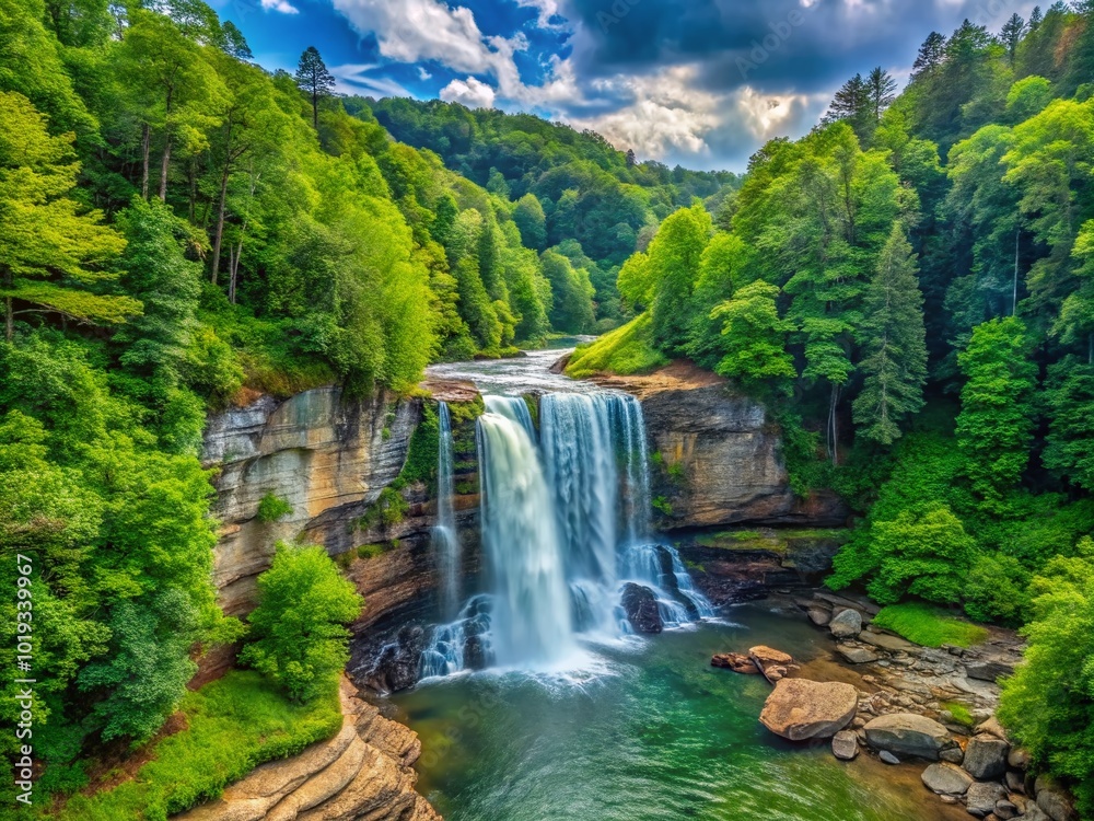 Serene Elk River Falls in North Carolina Surrounded by Lush Green Forest and Rocky Terrain Serene Elk River Falls in North Carolina Surrounded by Lush Green Forest and Rocky Terrain